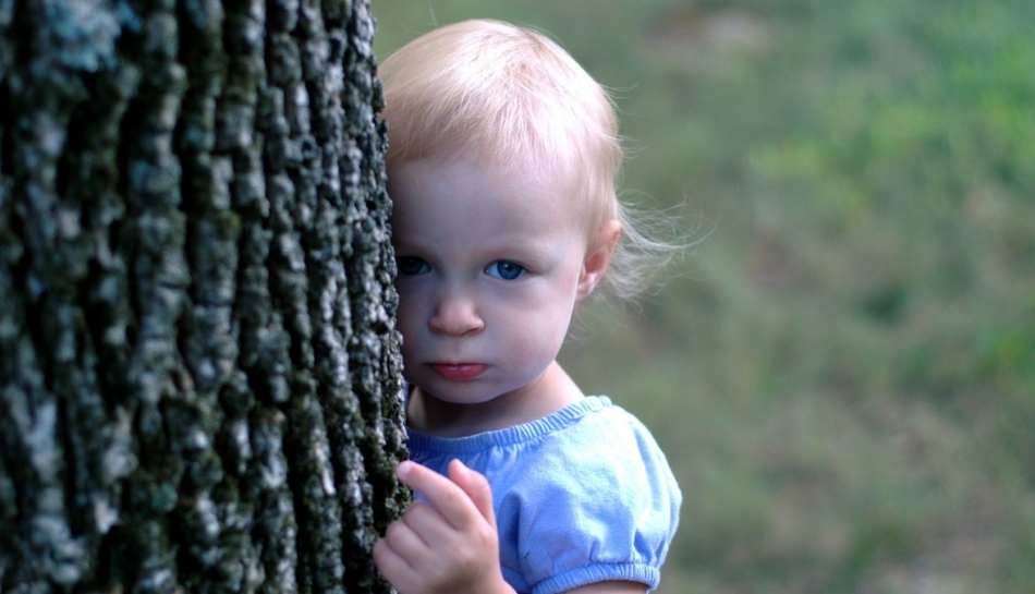 Bambina si nasconde dietro un albero