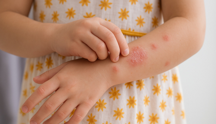 Bambina con sintomi della psoriasi sul braccio