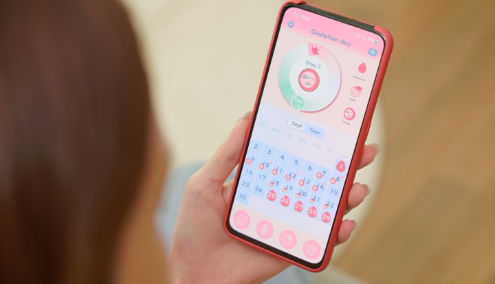 Donna controlla su app calendario del ciclo mestruale